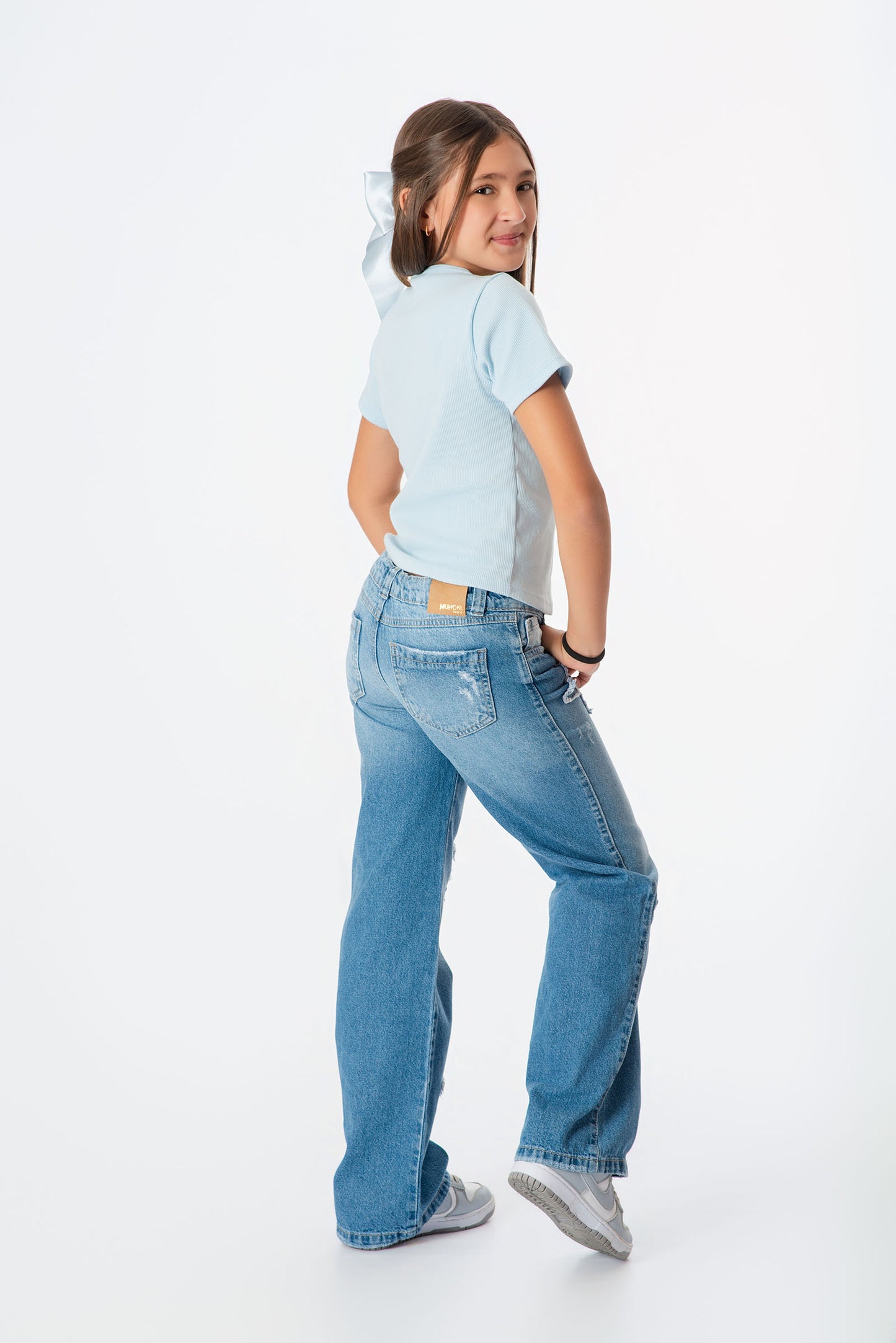 Conjunto jeans estrellas con blusa rib niña