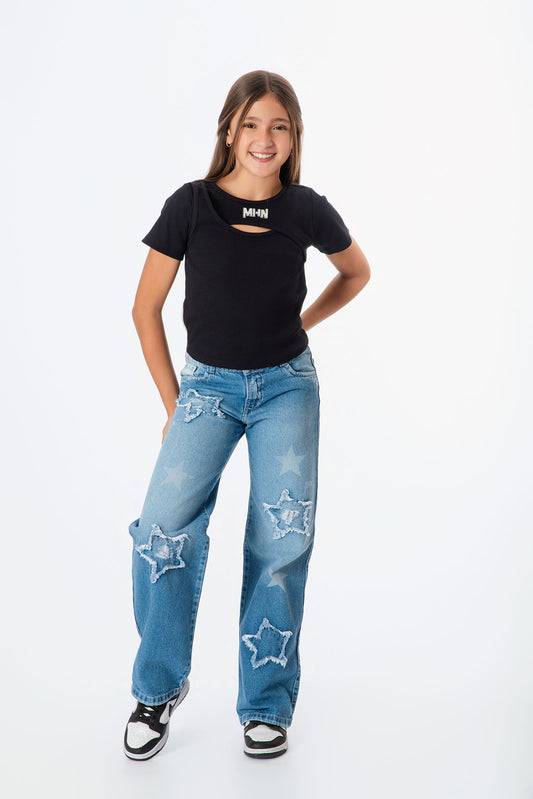Conjunto jeans estrellas con blusa rib niña