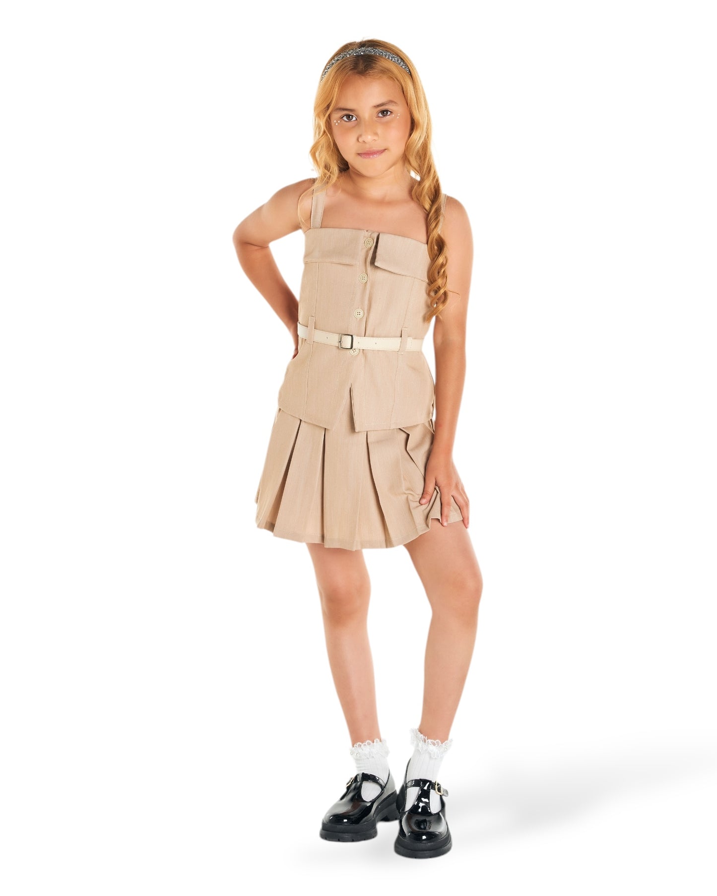 Conjunto en lino con falda de tablas