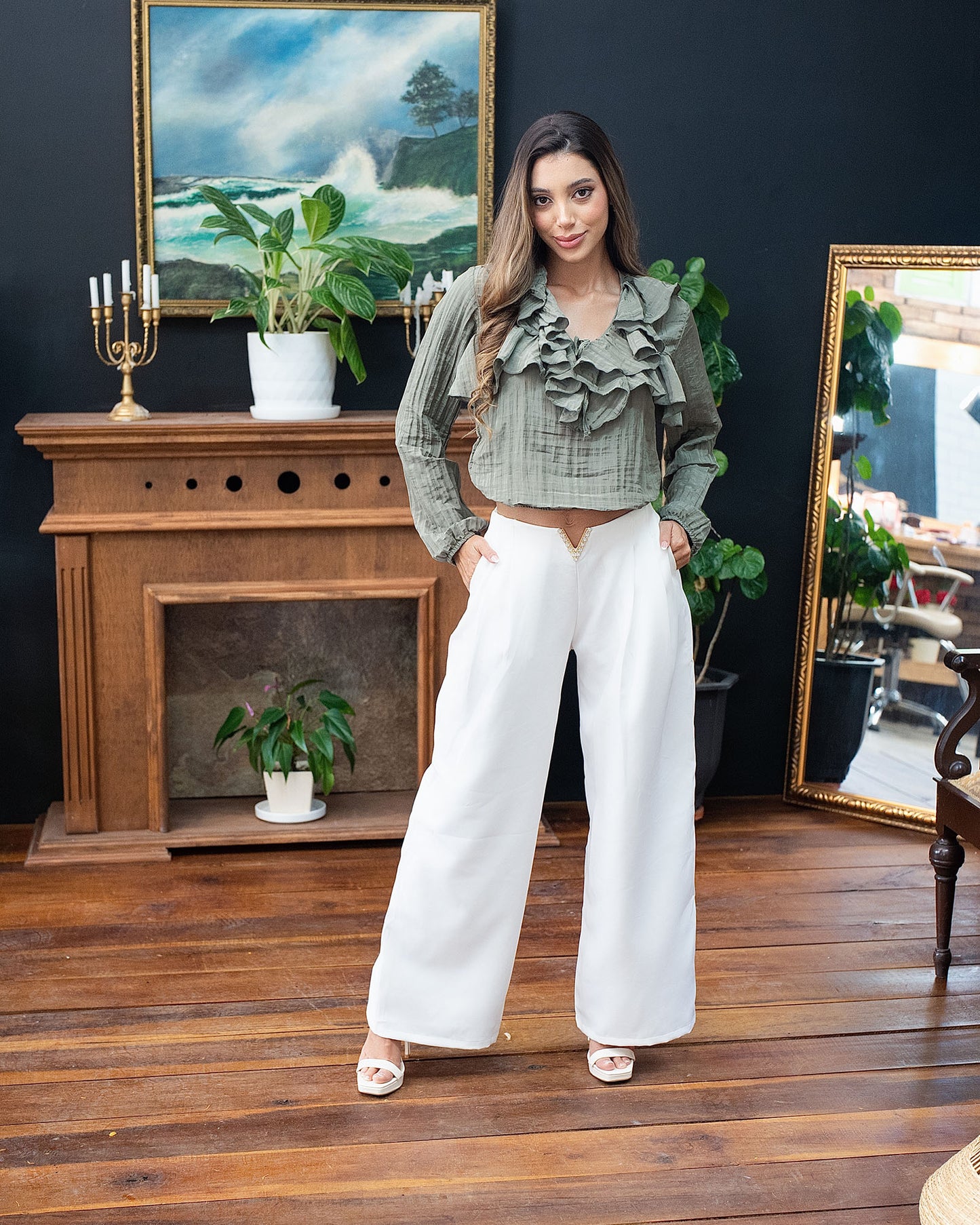 Blusa bolero con volantes de rayón