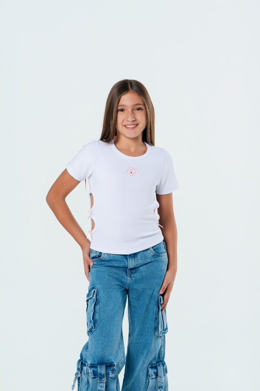 Blusa rib para niña con aberturas y moños laterales