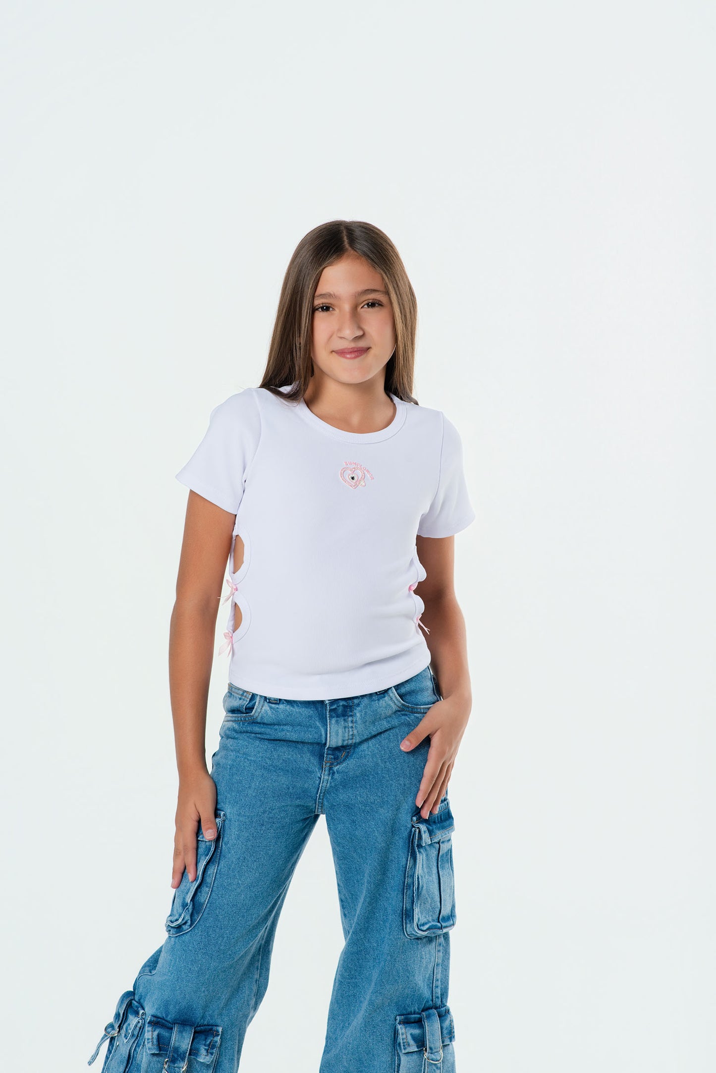 Blusa rib para niña con aberturas y moños laterales