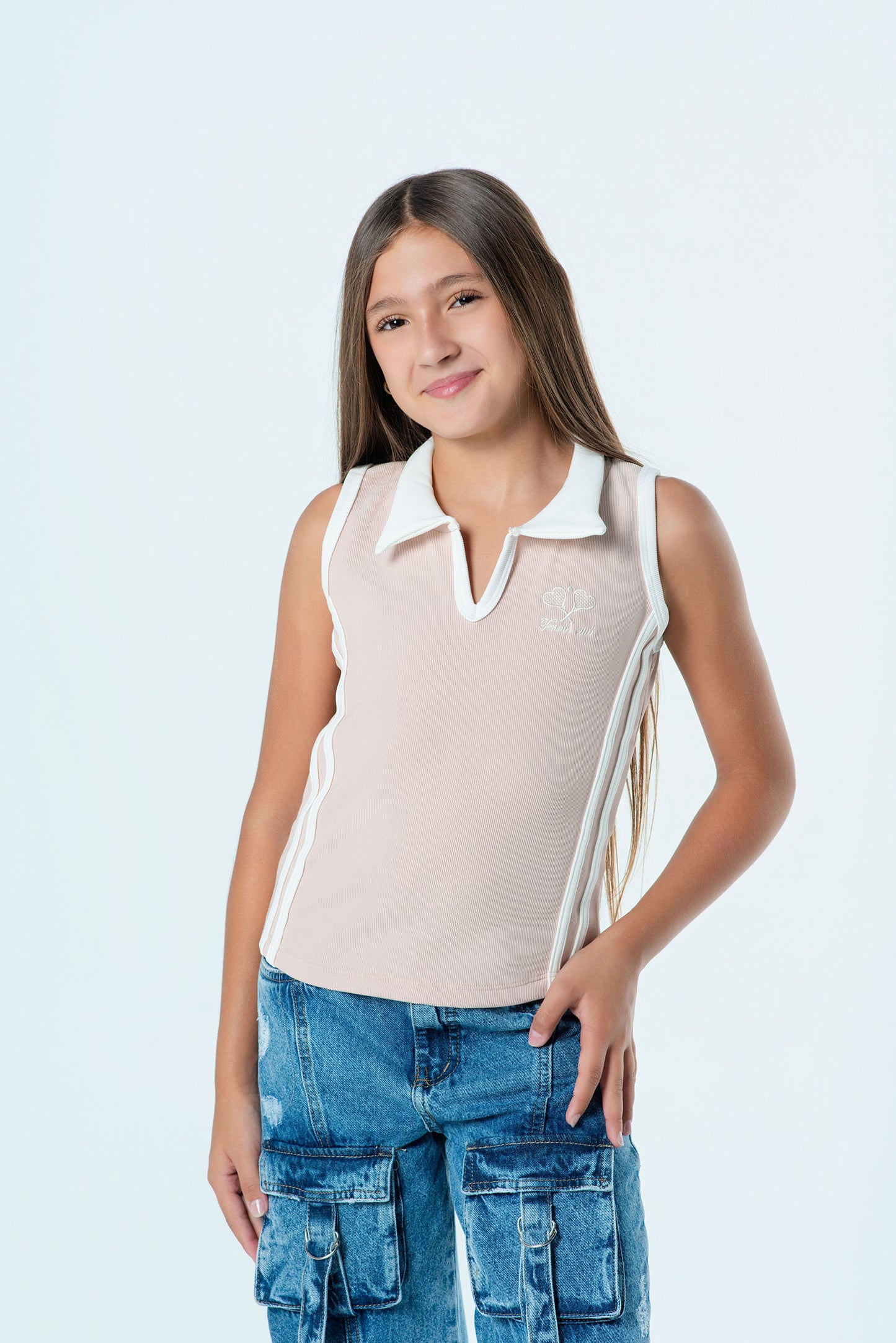 Blusa teens con cuello polo sin mangas