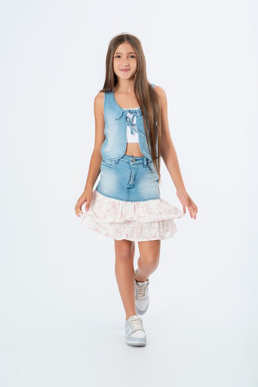 Conjunto falda con boleros niña denim + top