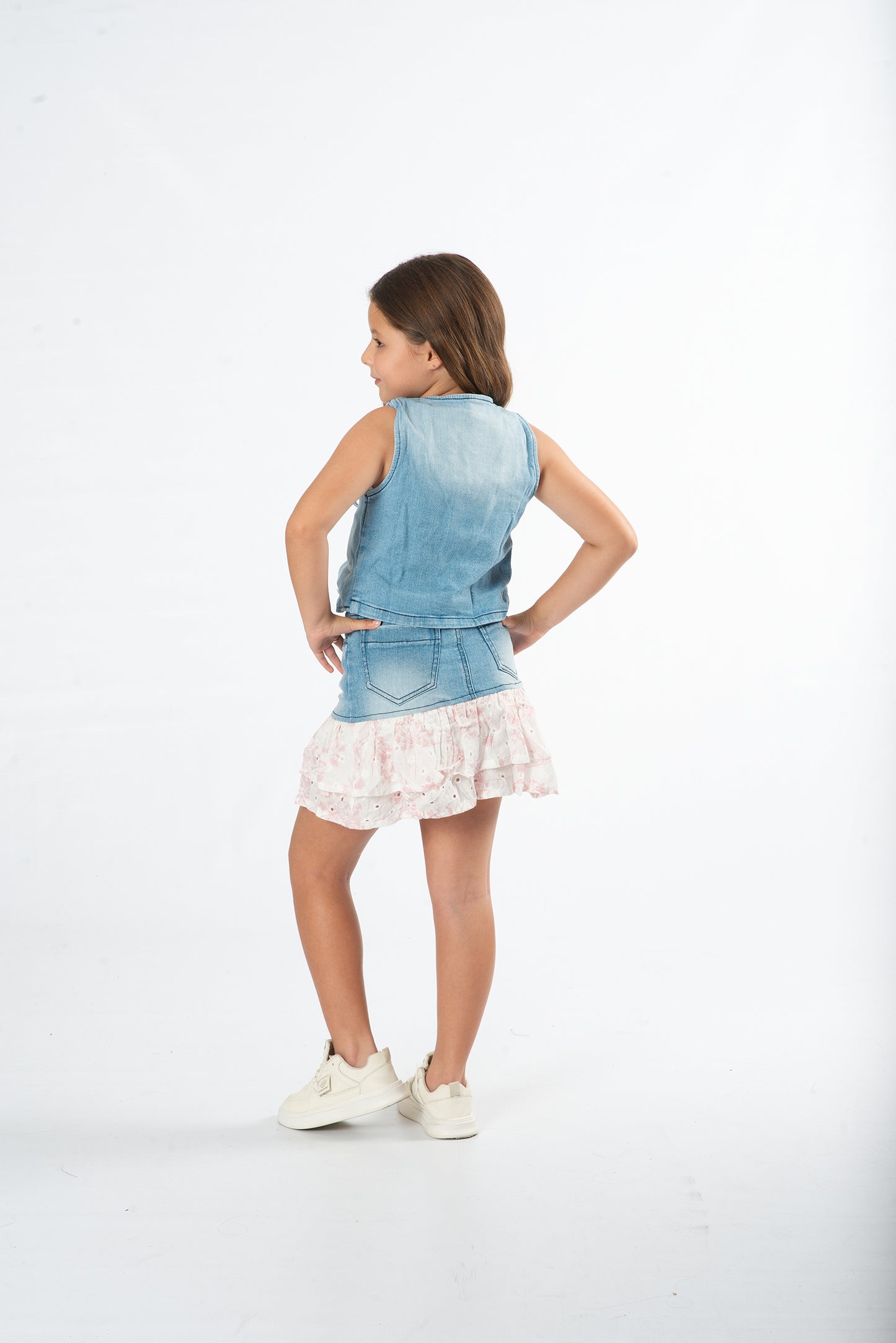 Conjunto falda con boleros niña denim + top