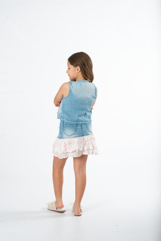 Conjunto falda con boleros niña denim + top