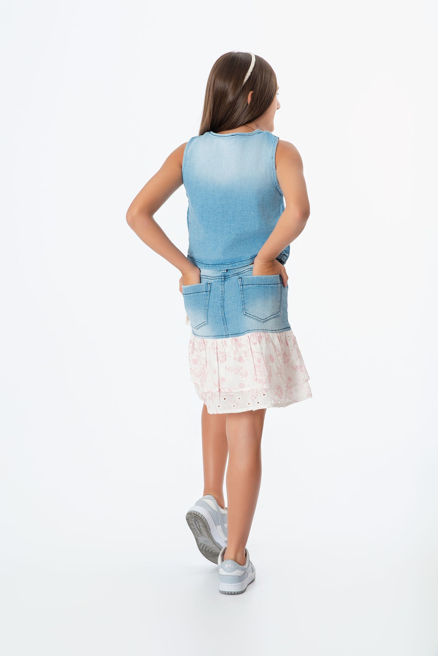Conjunto falda con boleros niña denim + top