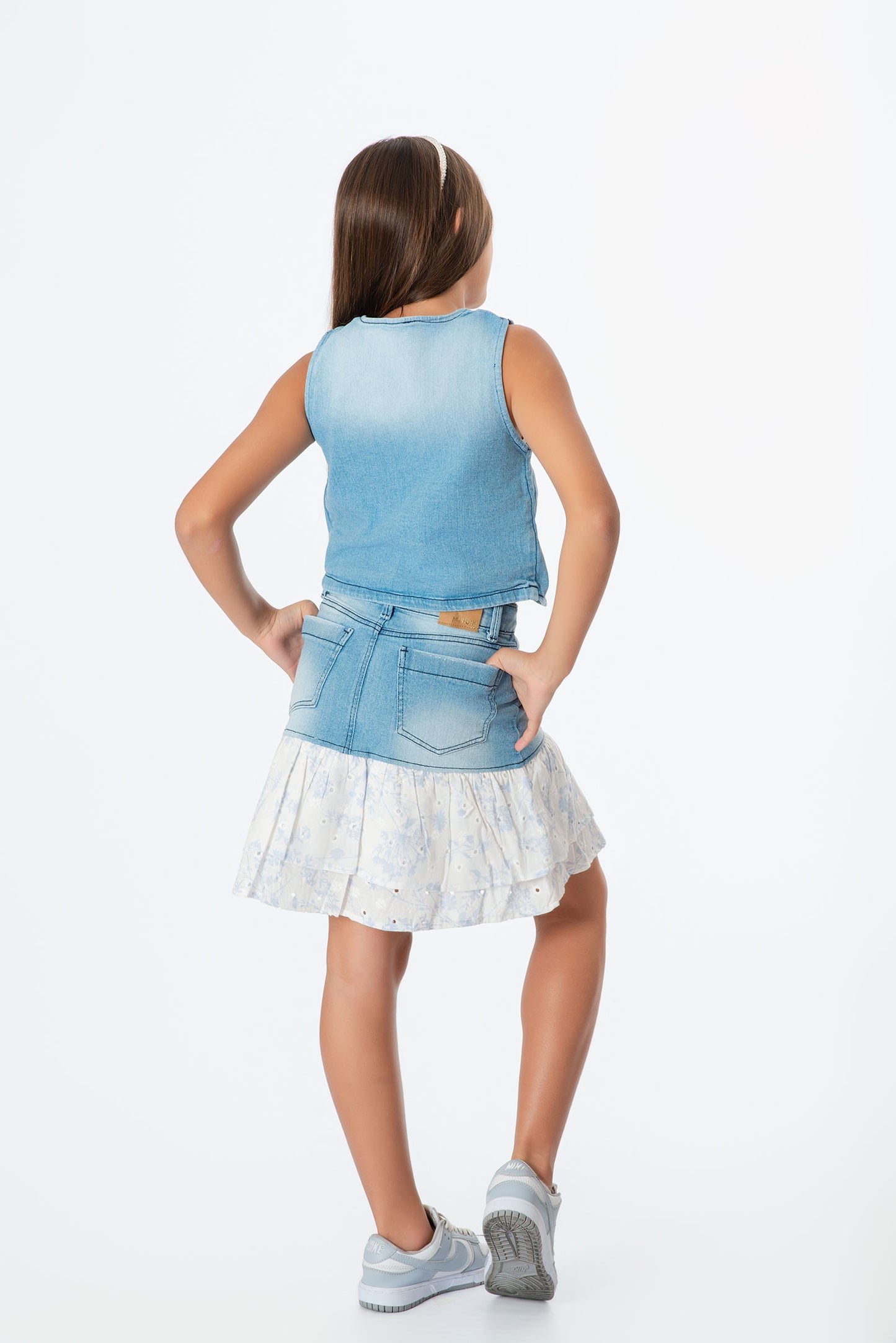 Conjunto falda con boleros niña denim + top
