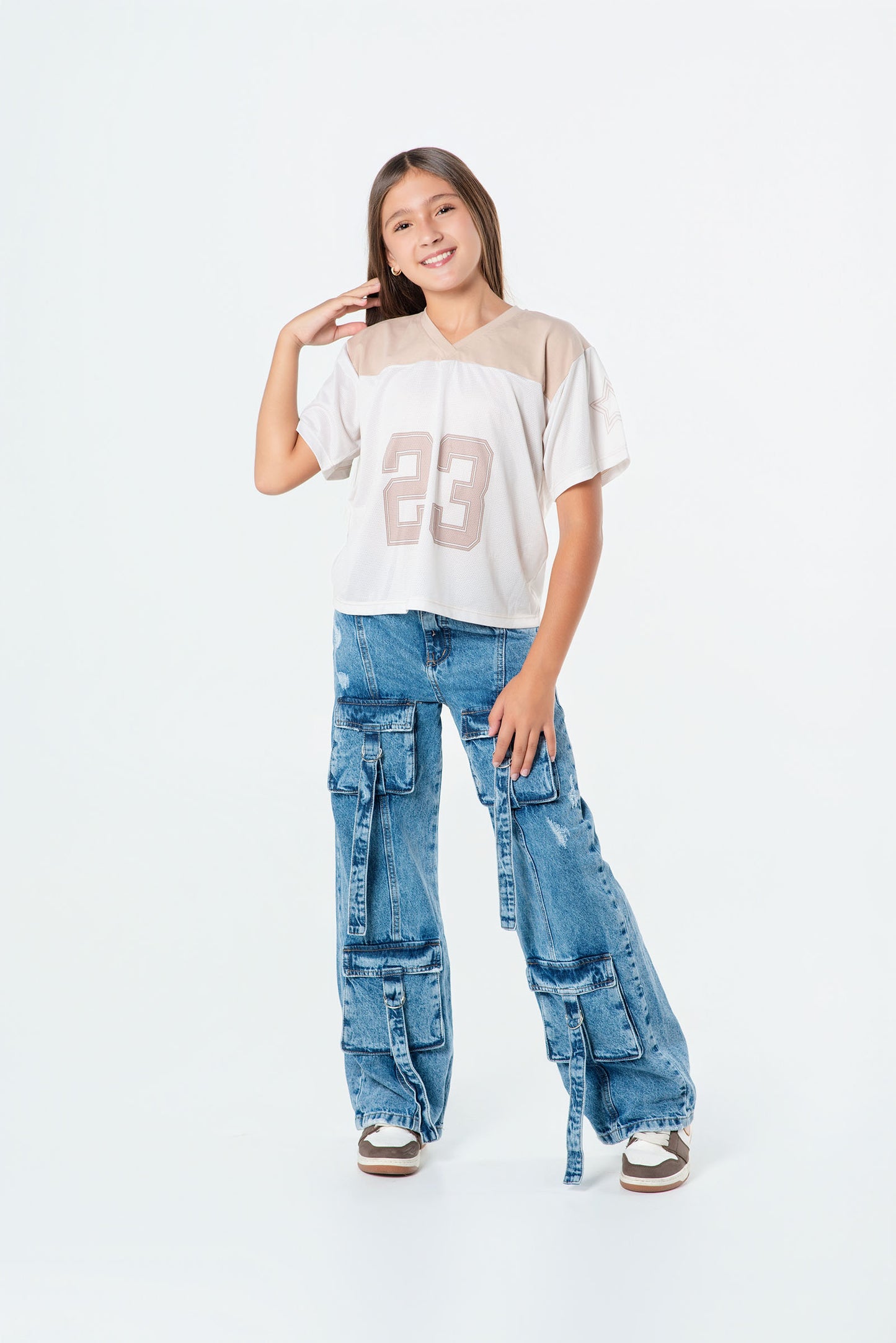 Conjunto jeans cargo niña con camiseta #23