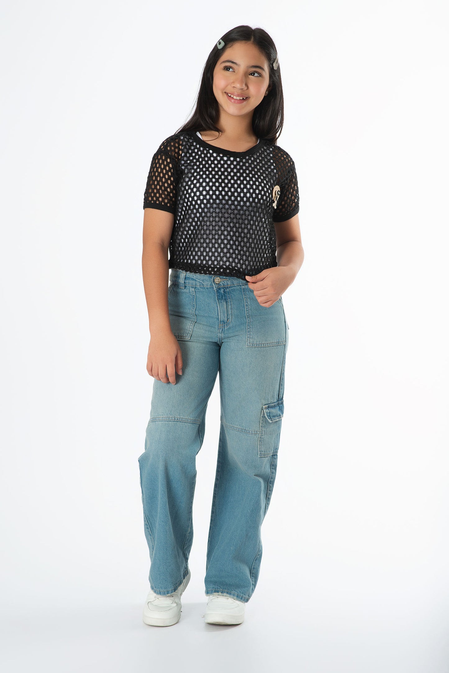 Conjunto blusa maya crochet con jean cargo dirty