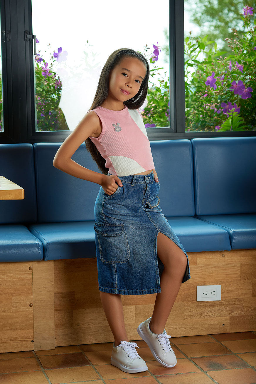 Set de 2 Piezas Falda Larga en Denim Rígido