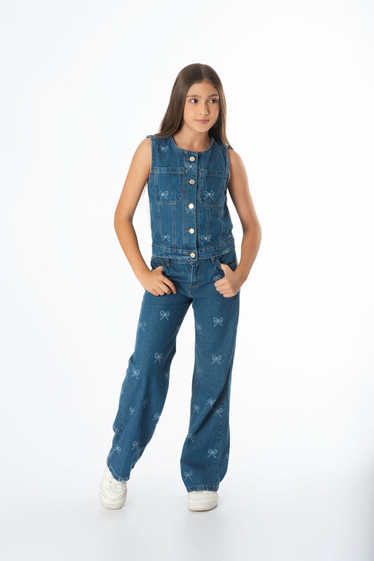 Conjunto Denim Moños Juvenil | Chaleco & Jeans Wide Leg