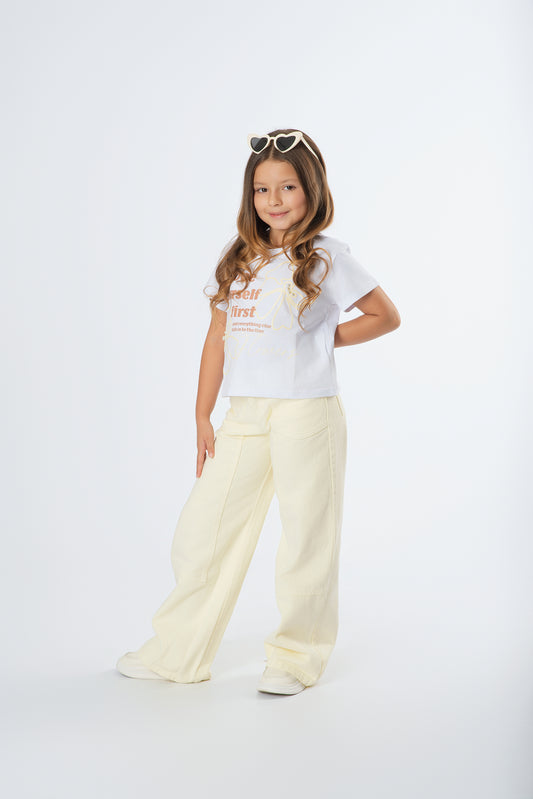 Conjunto Pantalón Wide Leg Perlas | Camiseta Flores y Lazo