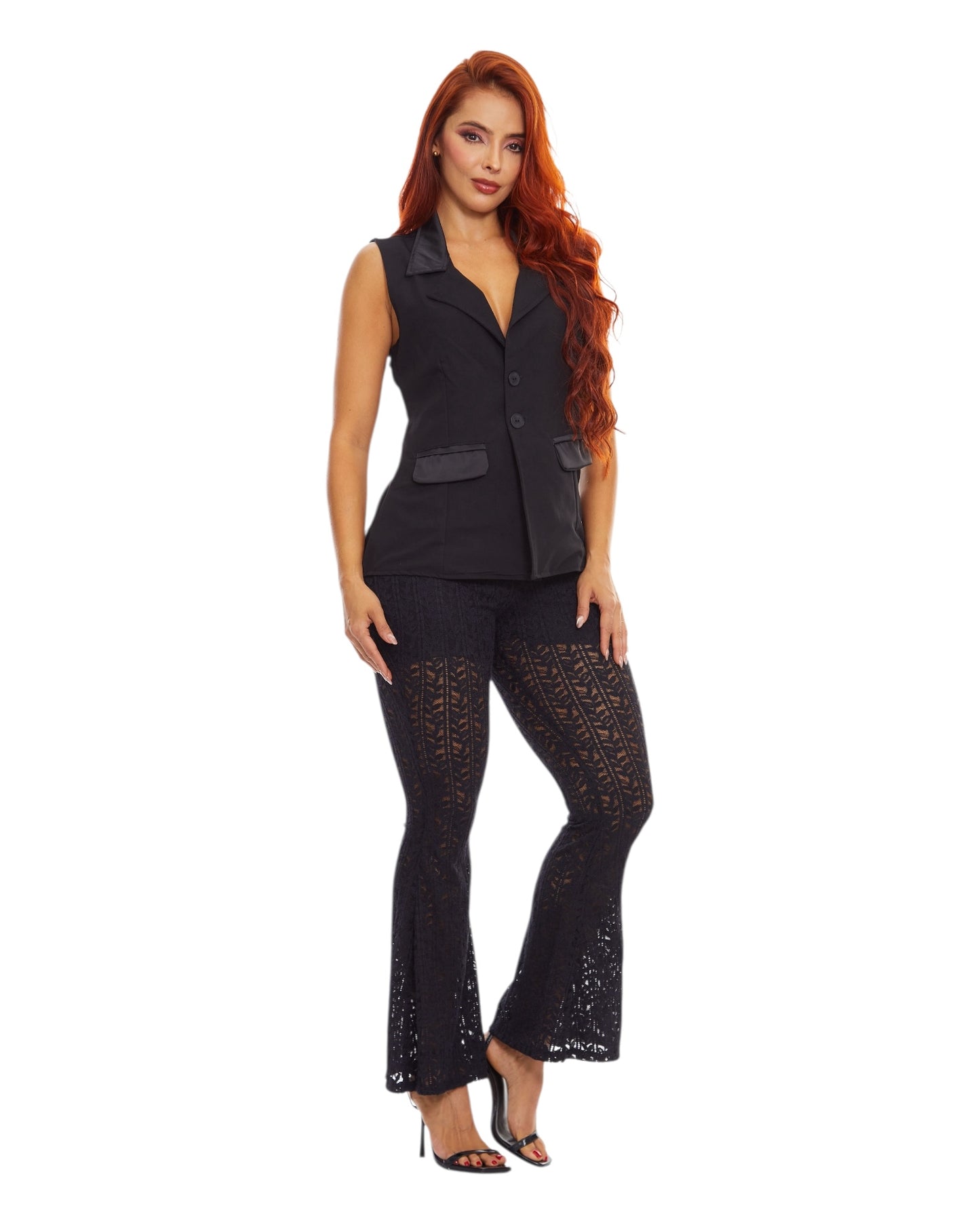Set elegante negro con pantalón en blonda