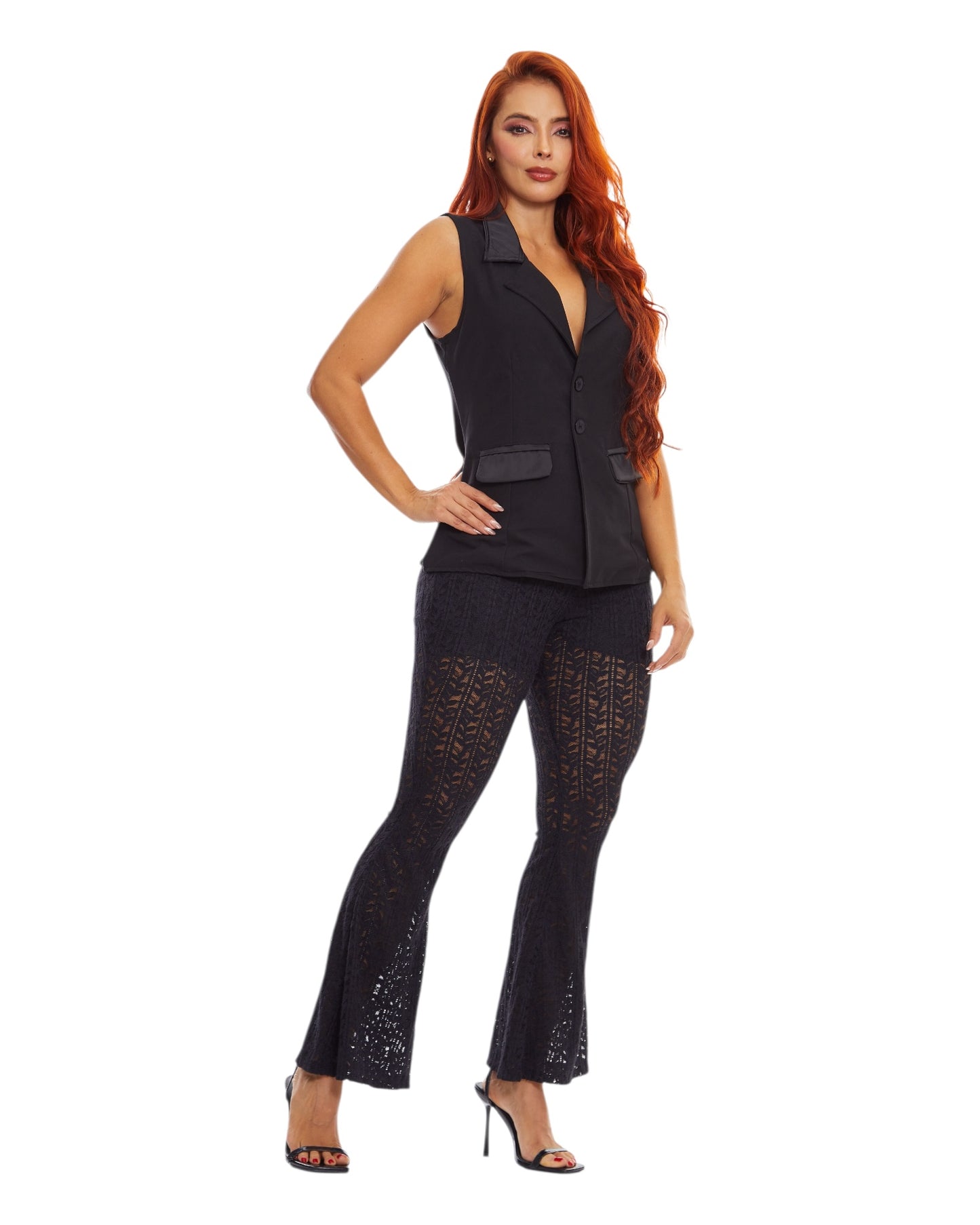 Set elegante negro con pantalón en blonda
