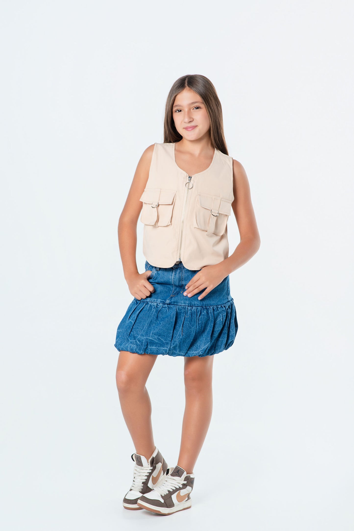 Conjunto falda globo denim + chaleco teen