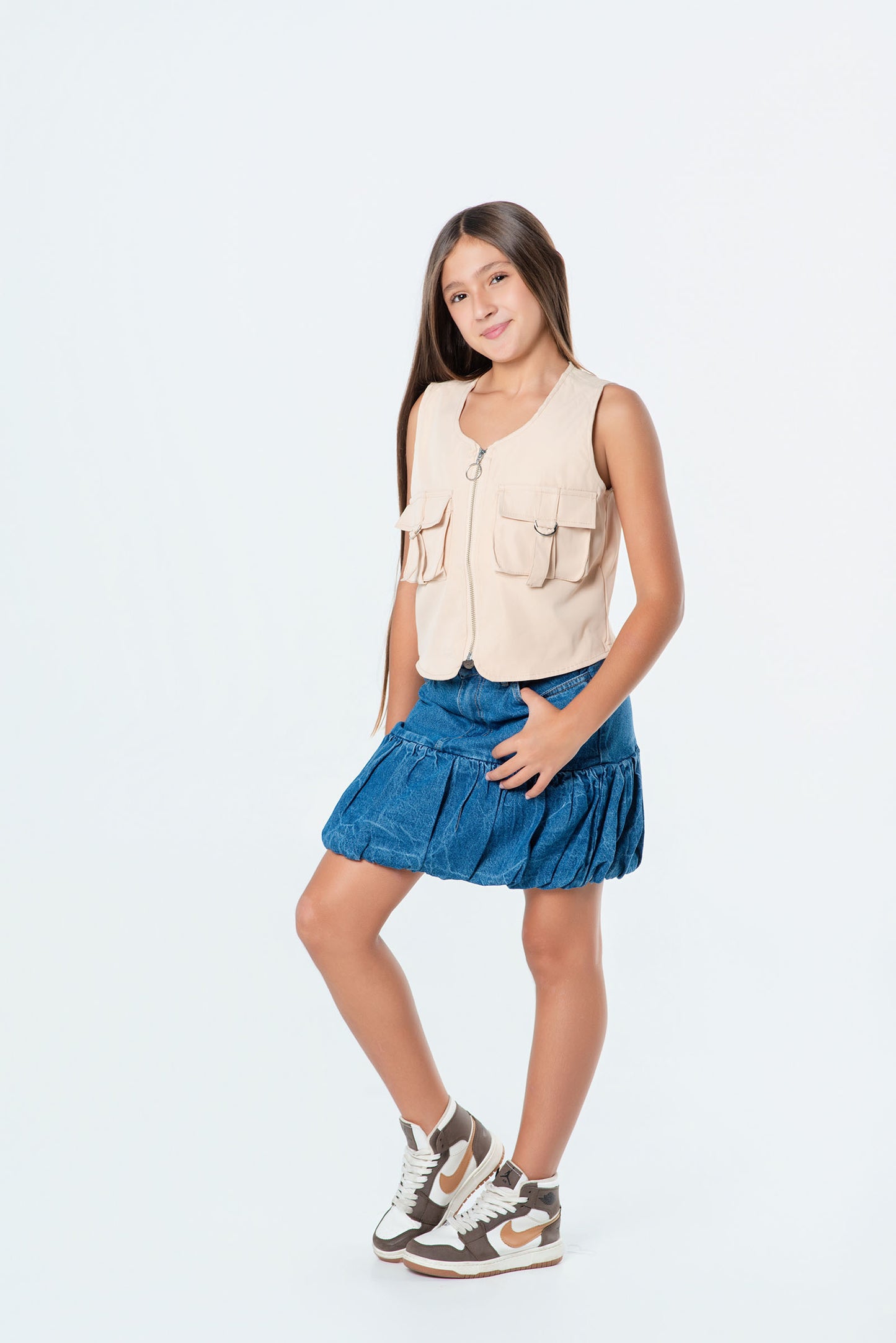 Conjunto falda globo denim + chaleco teen