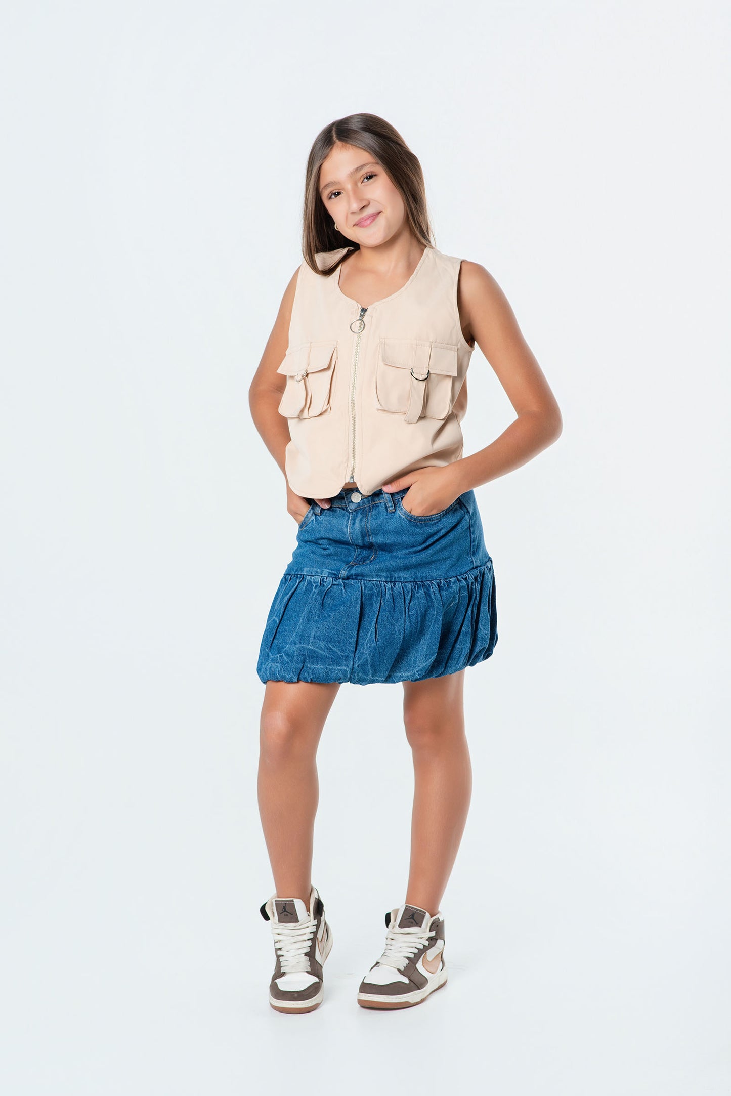 Conjunto falda globo denim + chaleco teen