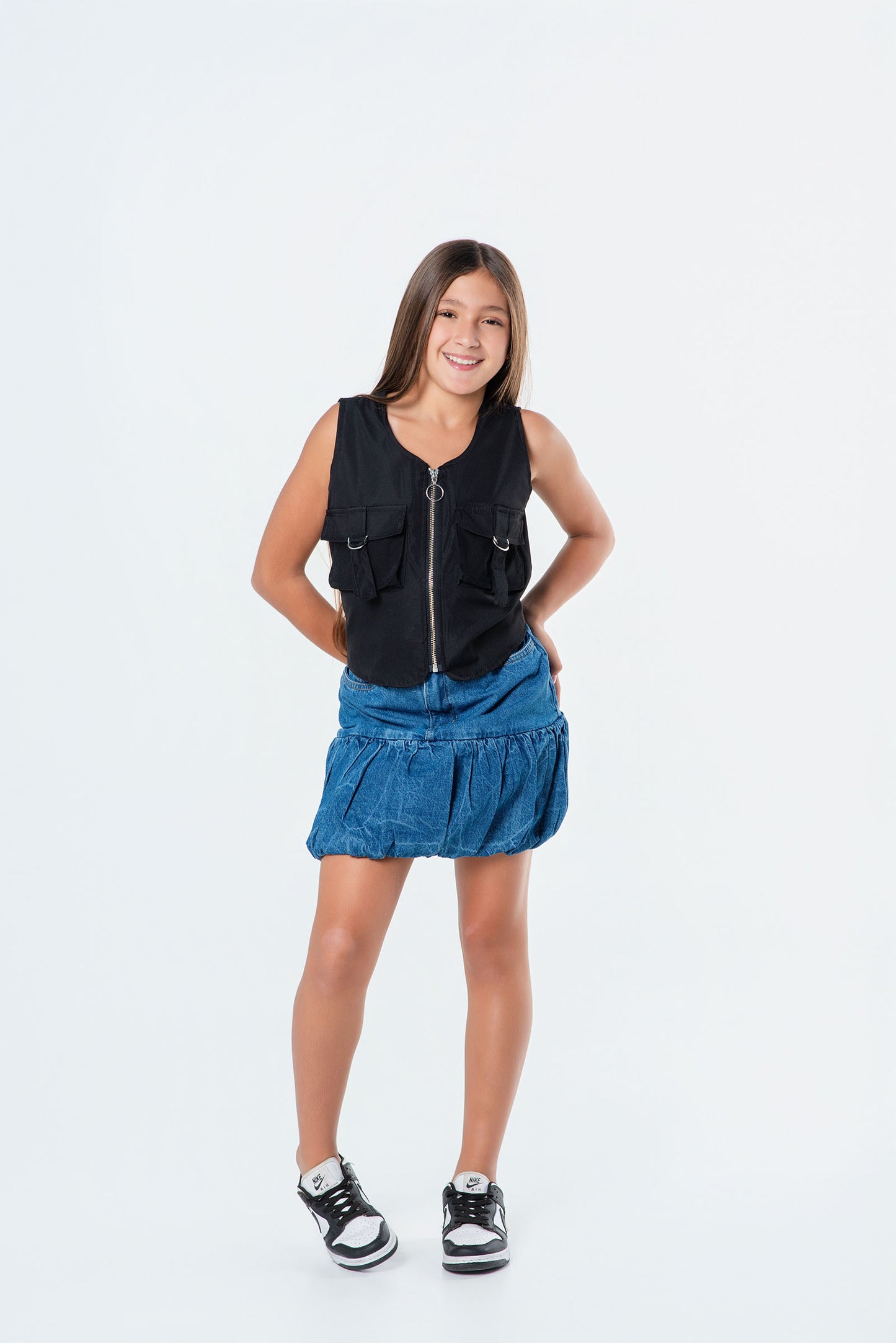 Conjunto falda globo denim + chaleco teen