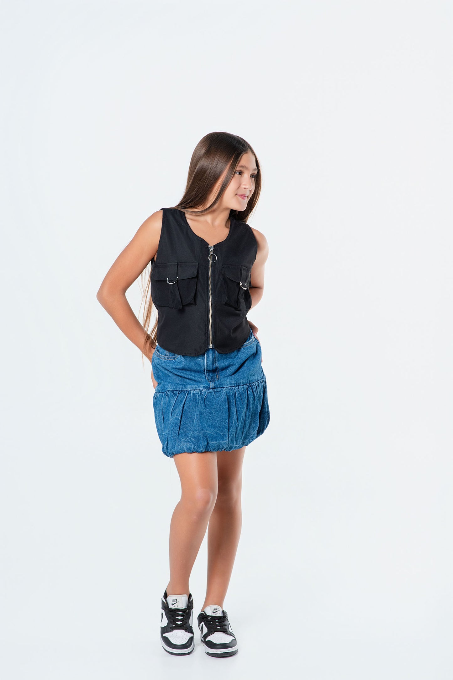 Conjunto falda globo denim + chaleco teen