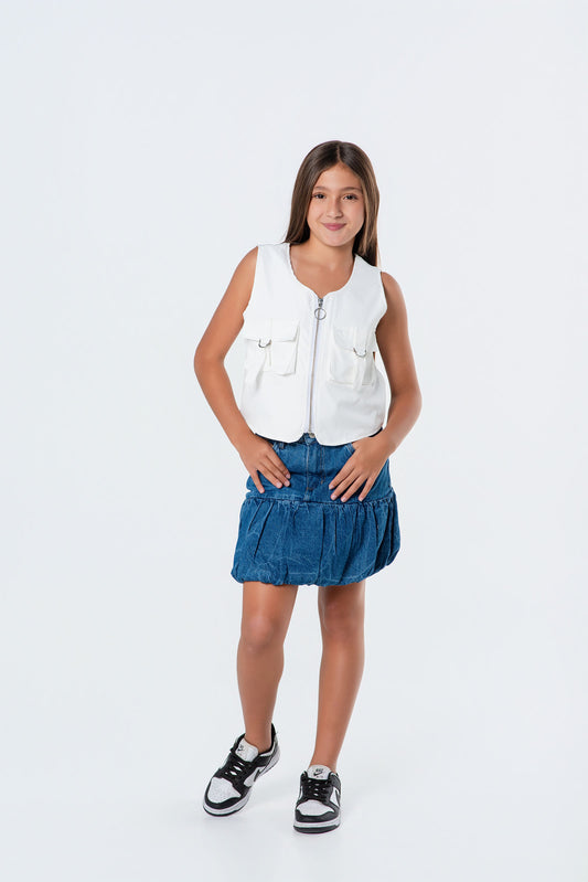 Conjunto falda globo denim + chaleco teen