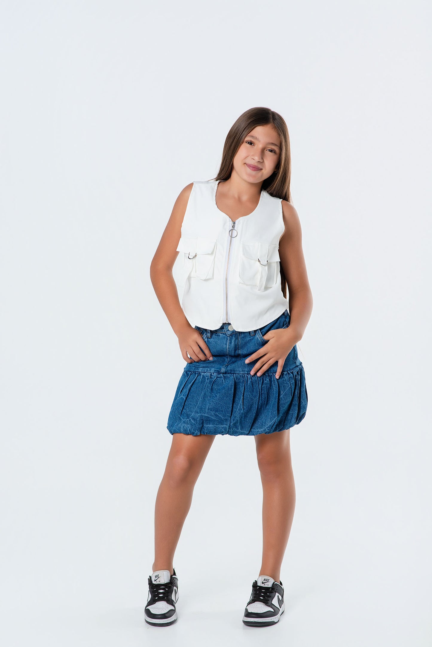 Conjunto falda globo denim + chaleco teen