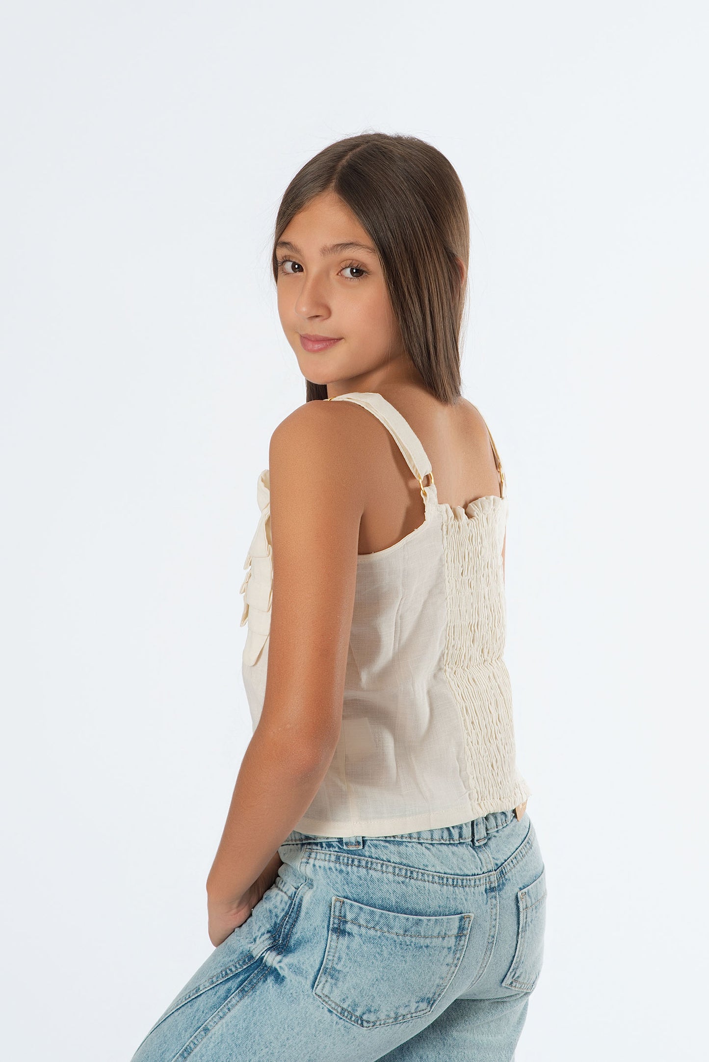 Blusa Lino Juvenil con Volantes y Sisa