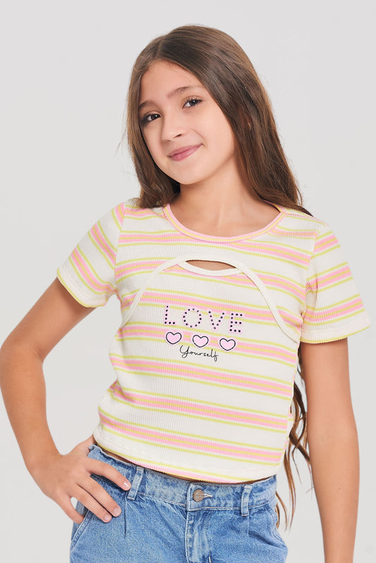 Camiseta Rib Rayas Juvenil | Crop Lila/Fucsia con Cut-Out