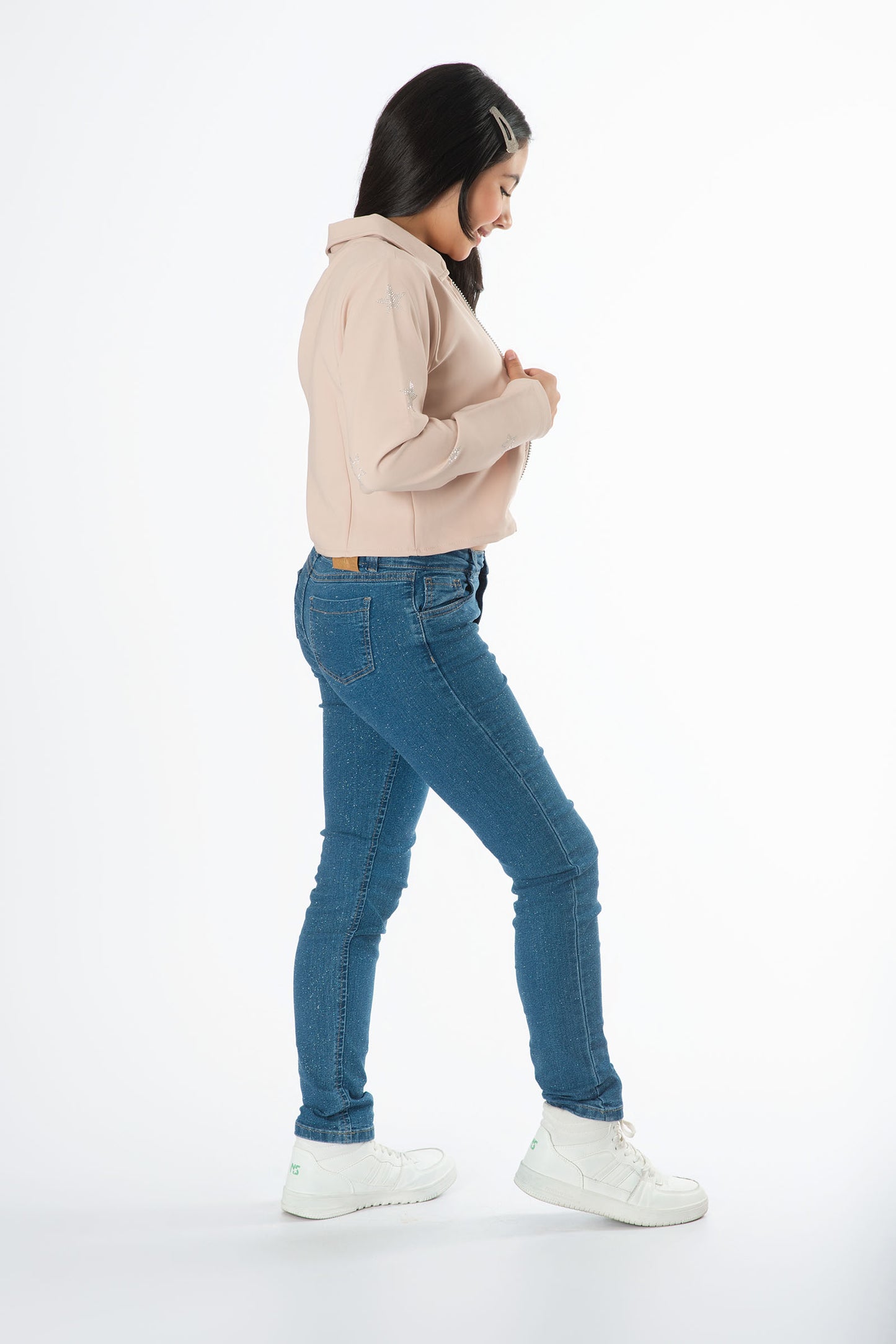 Conjunto jeans mirellado y blazer con estrellas