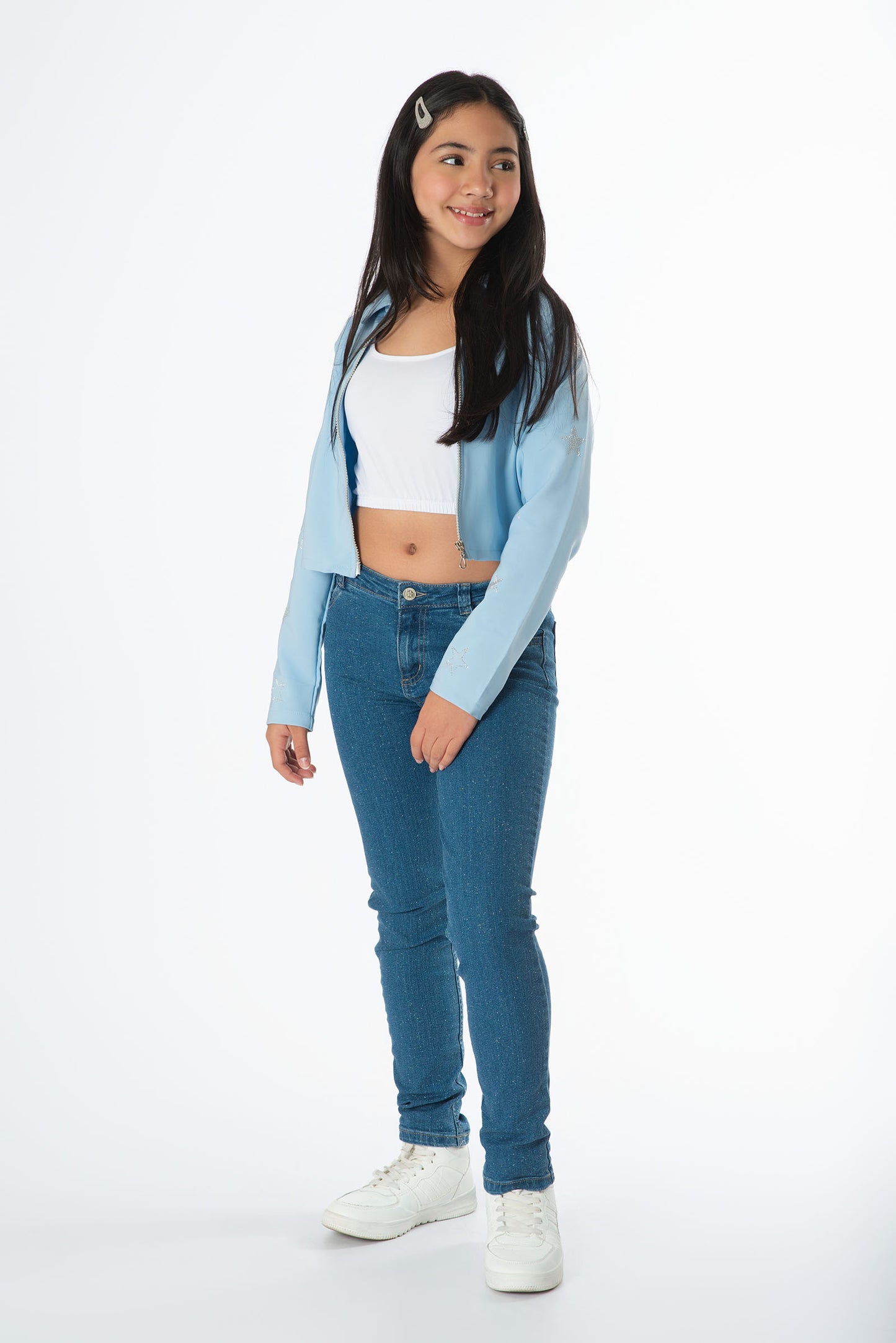Conjunto jeans mirellado y blazer con estrellas