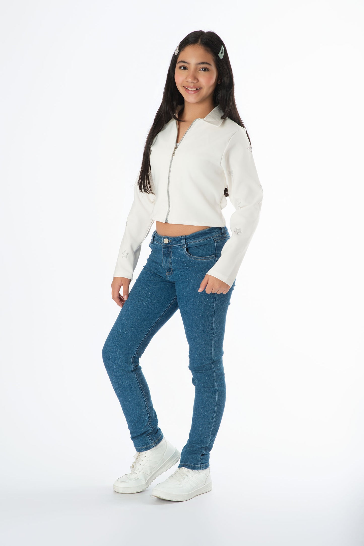 Conjunto jeans mirellado y blazer con estrellas