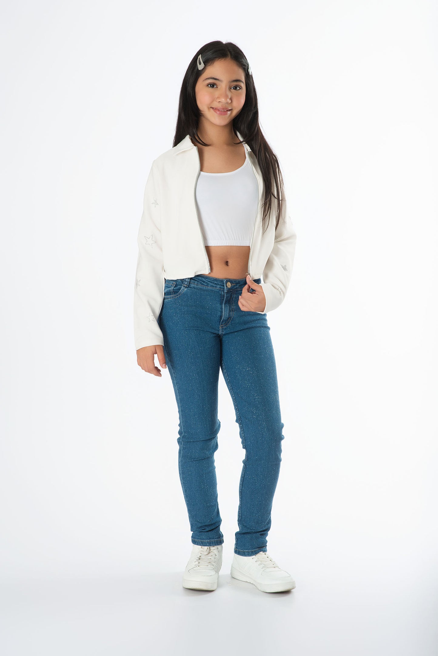 Conjunto jeans mirellado y blazer con estrellas