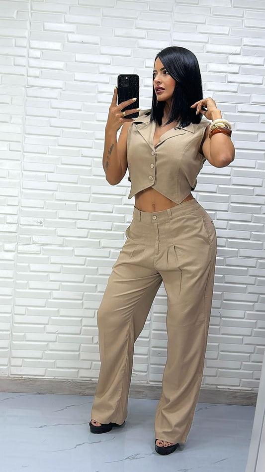 Set Lino Chaleco Crop y Pantalón Wide Leg