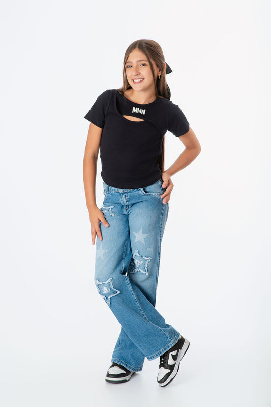 Conjunto jeans estrellas con blusa rib niña