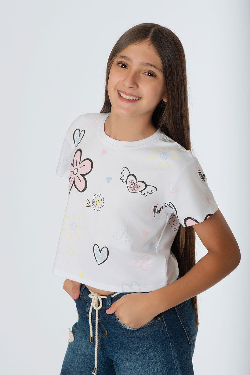 Blusa Oversize Teens | Estampado Corazones y Flores