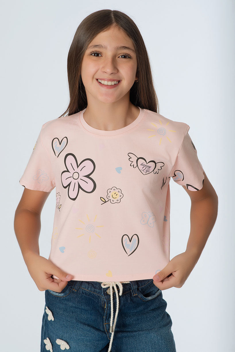 Blusa Oversize Teens | Estampado Corazones y Flores
