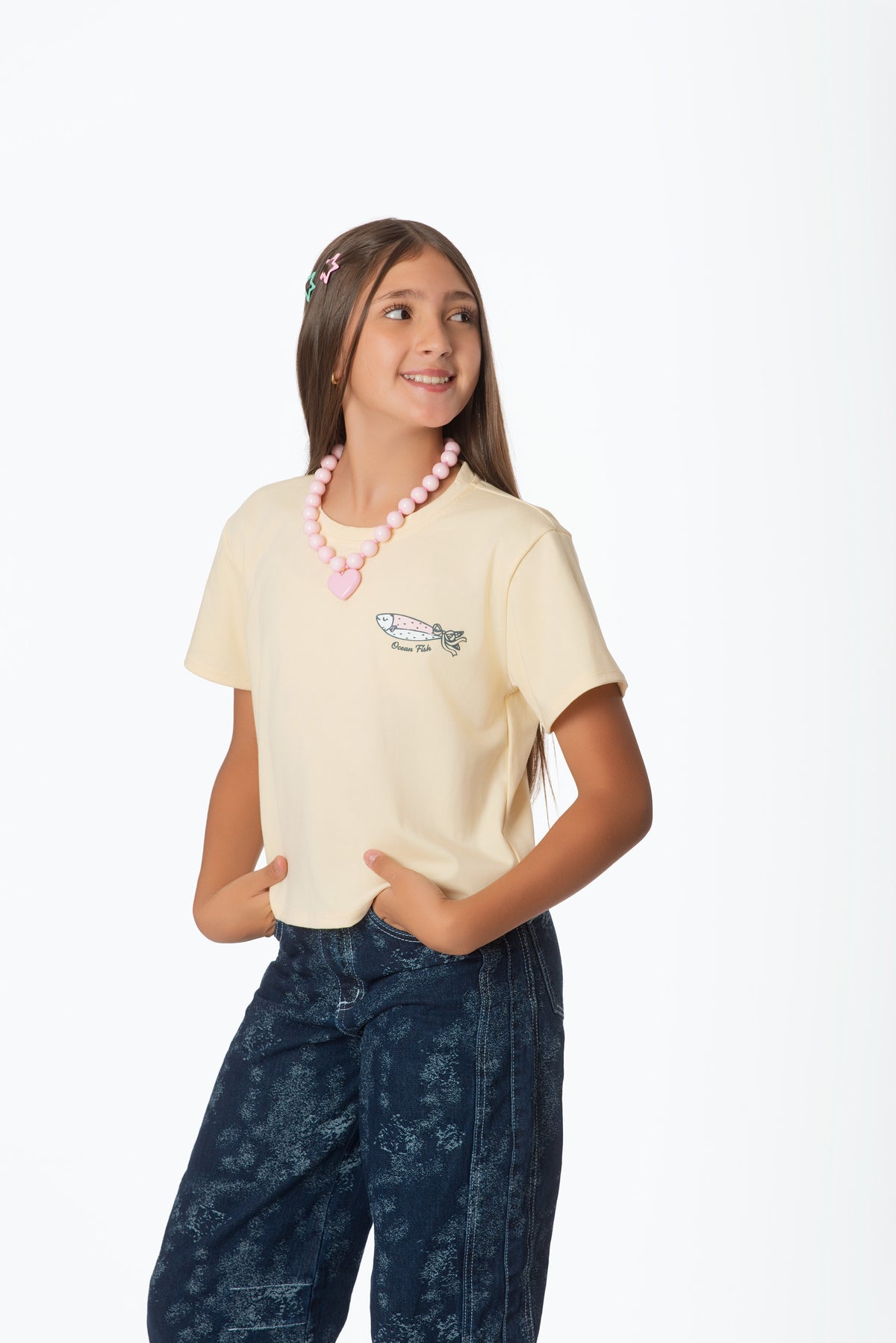 Blusa Teens Estampado Pescados en Rayón con Detalle Gráfico Posterior | Estilo Casual
