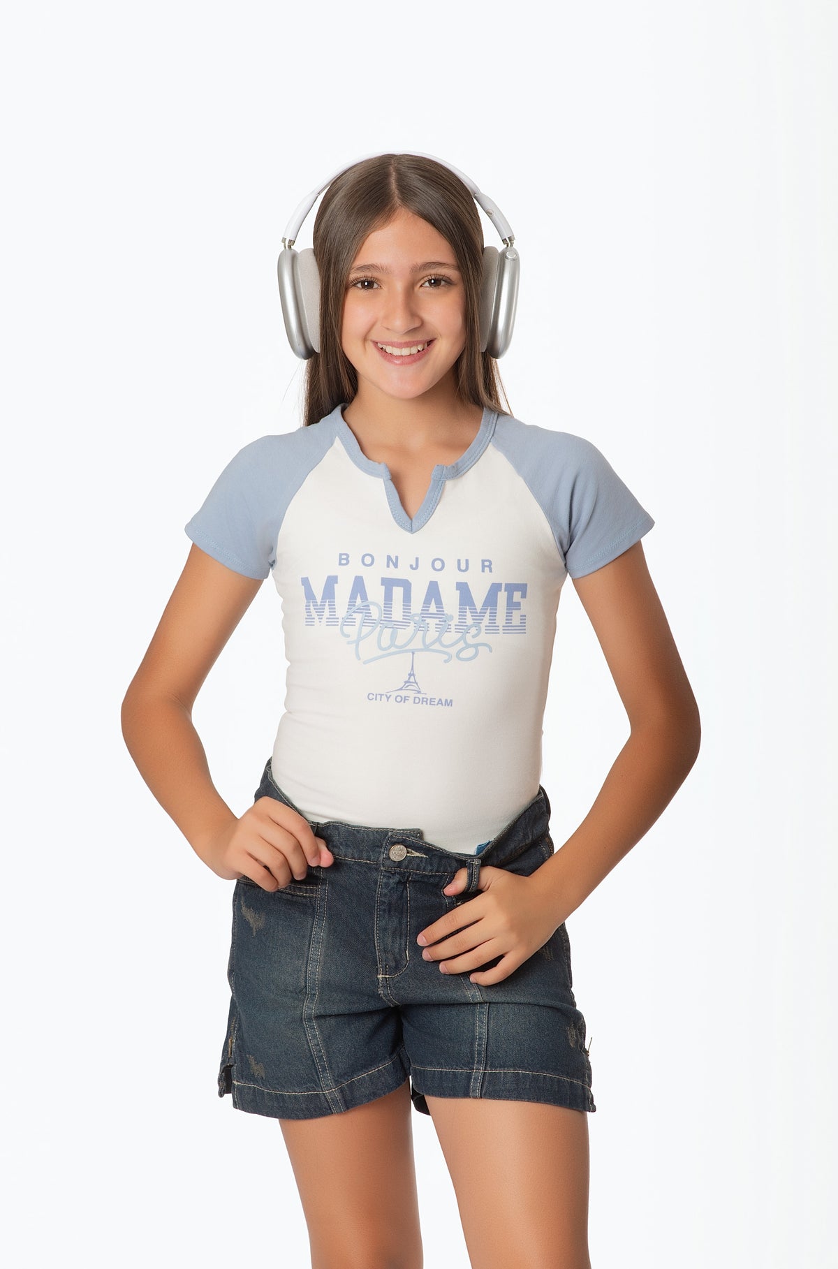 Conjunto Teens Short en Denim Rígido con Cierres y Body Manga Raglán | Estilo Casual