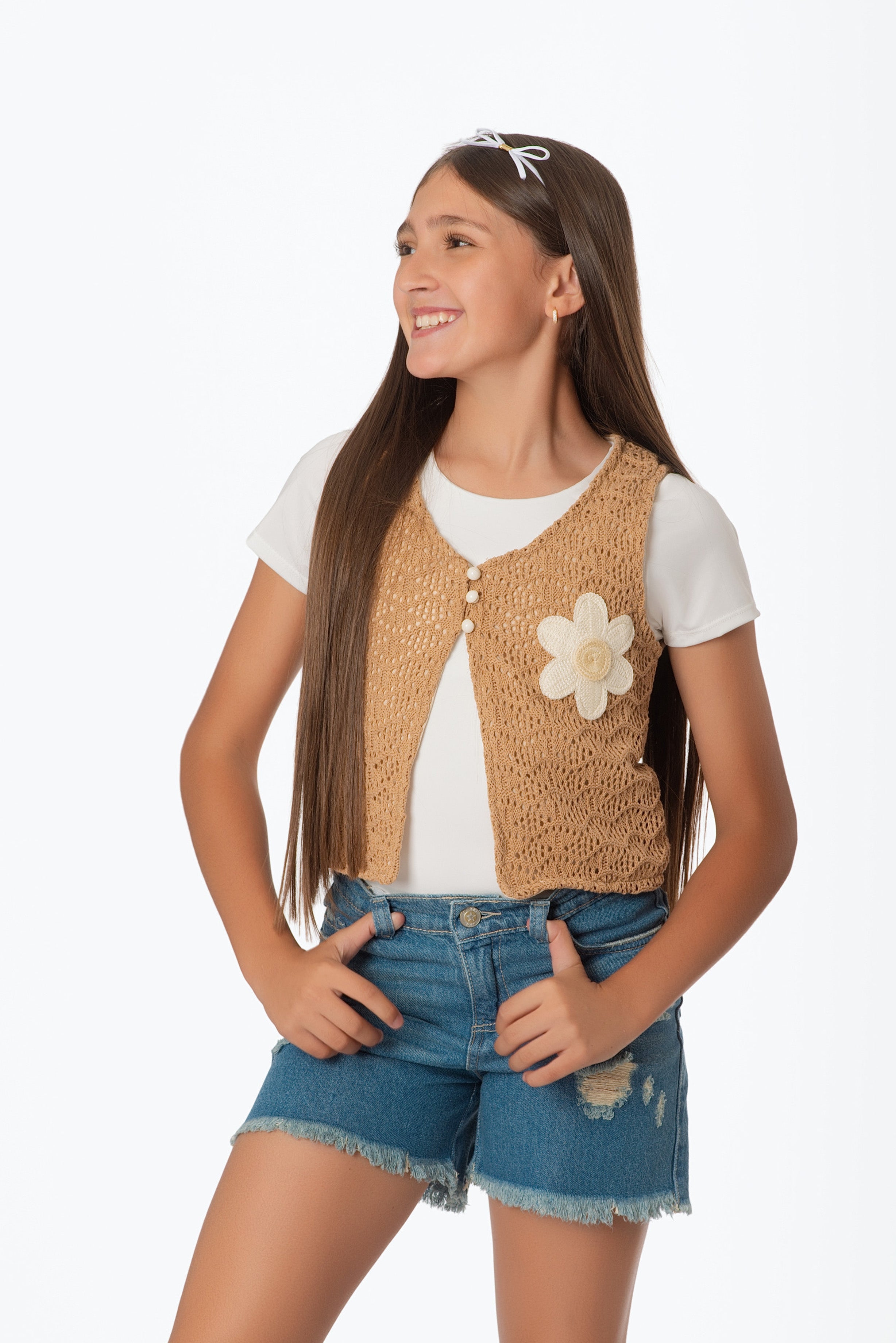 Conjunto Niñas Teens Chaleco Tejido y Short Denim | Estilo Boho Chic