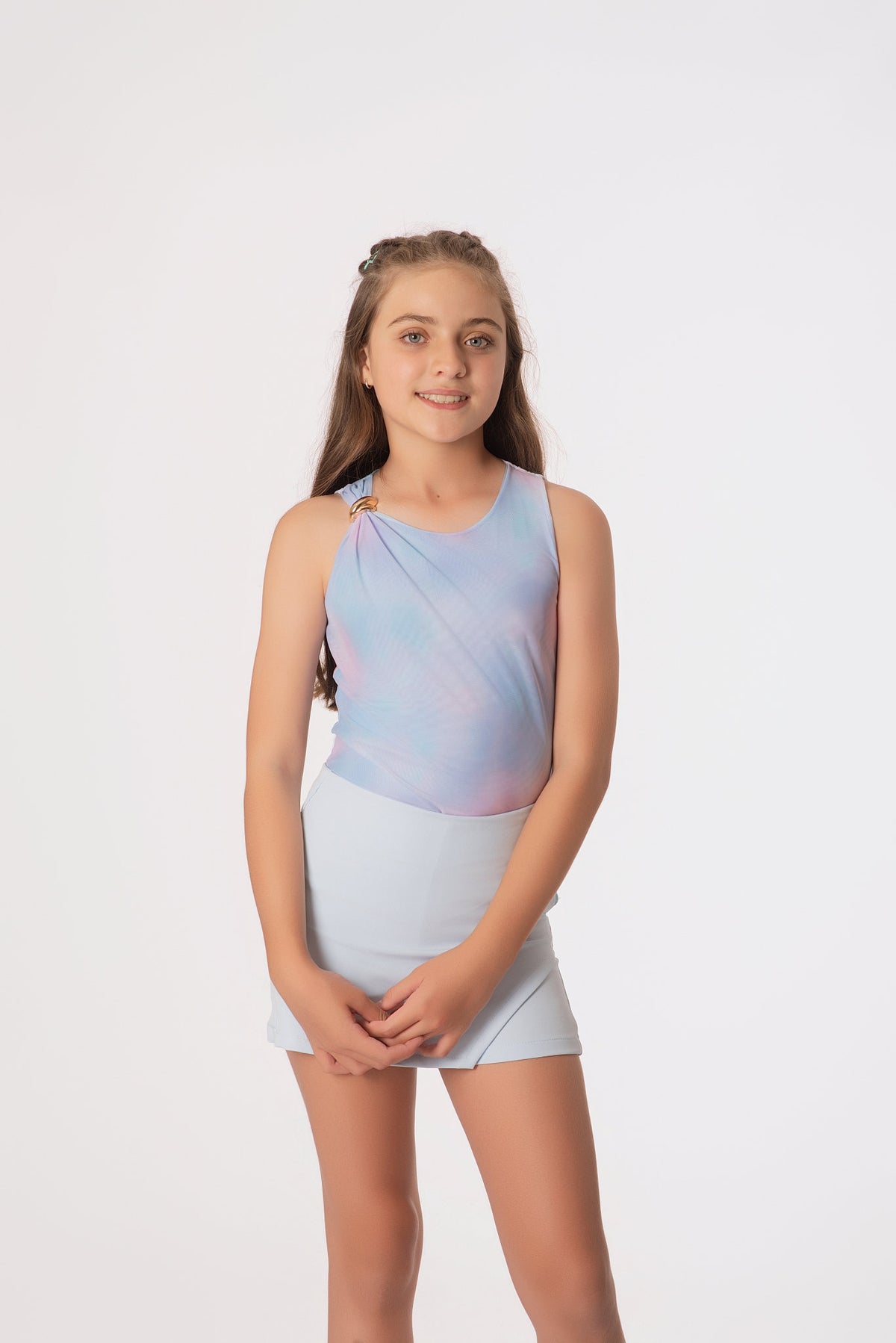 Conjunto Teens Falda Short Noches de Viena y Body Asimétrico Sublimado | Elegancia Juvenil