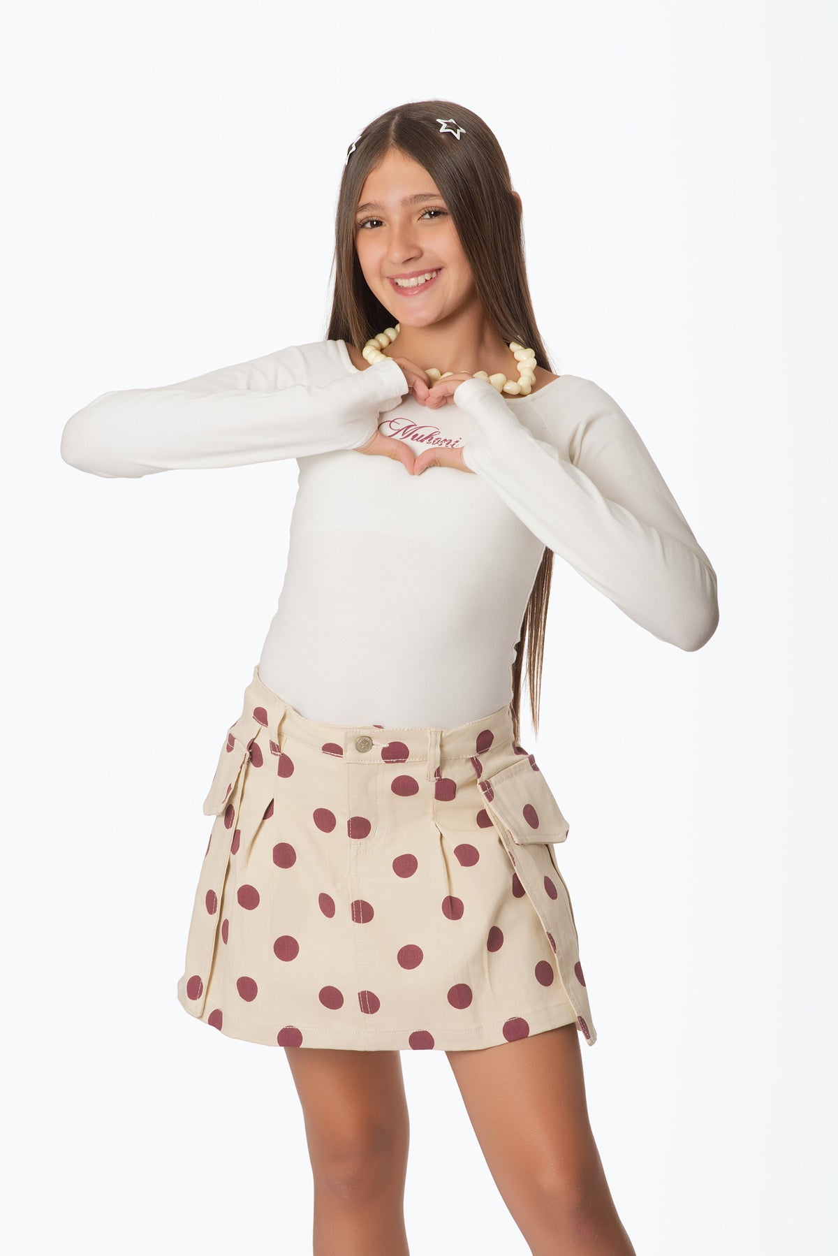 Conjunto Teens Falda Short Pepas en Drill y Body Cuello Bandeja | Estilo Divertido