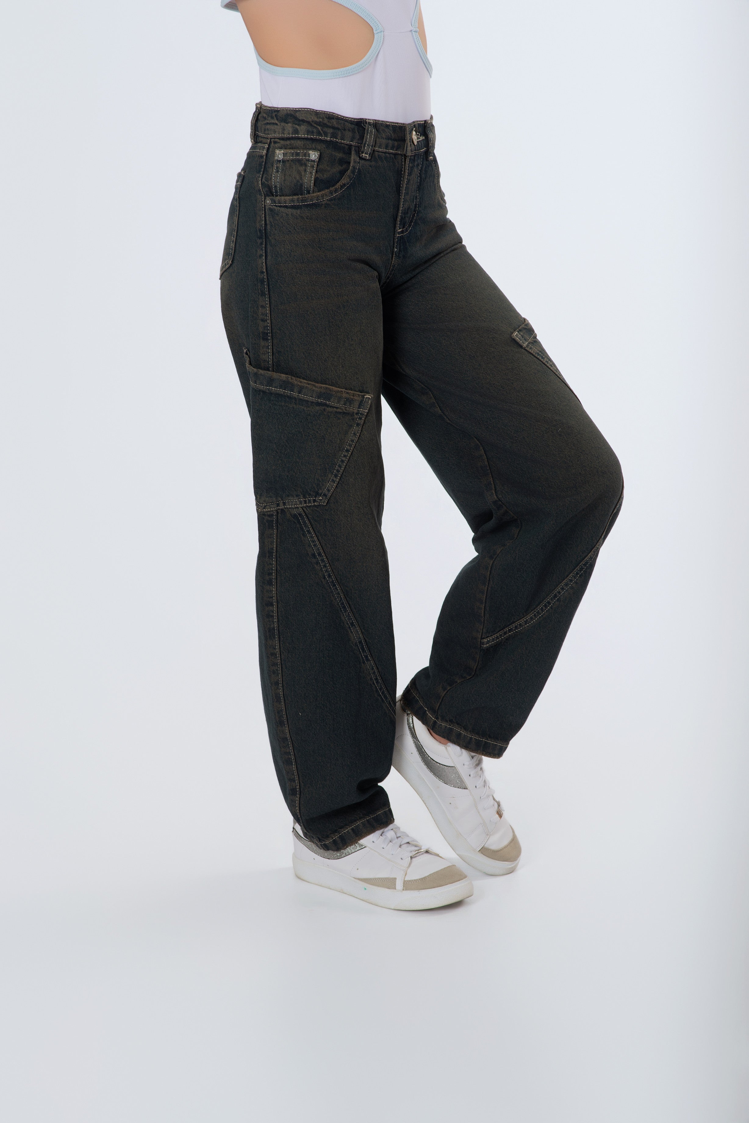 Jeans Teens Baggy con Bolsillos Laterales | Denim Rígido Azul Vintage
