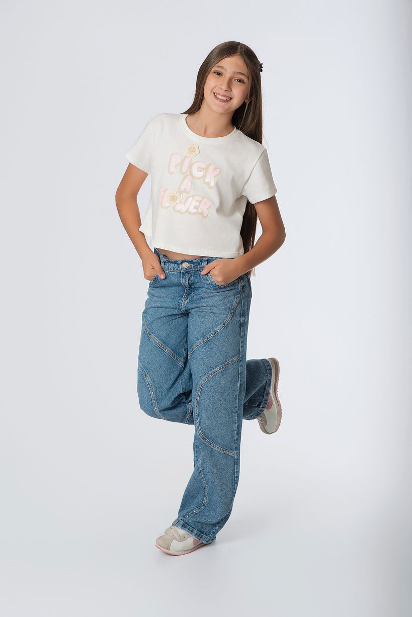 Jeans Teens Baggy Cortes y Taches | Denim Rígido Azul
