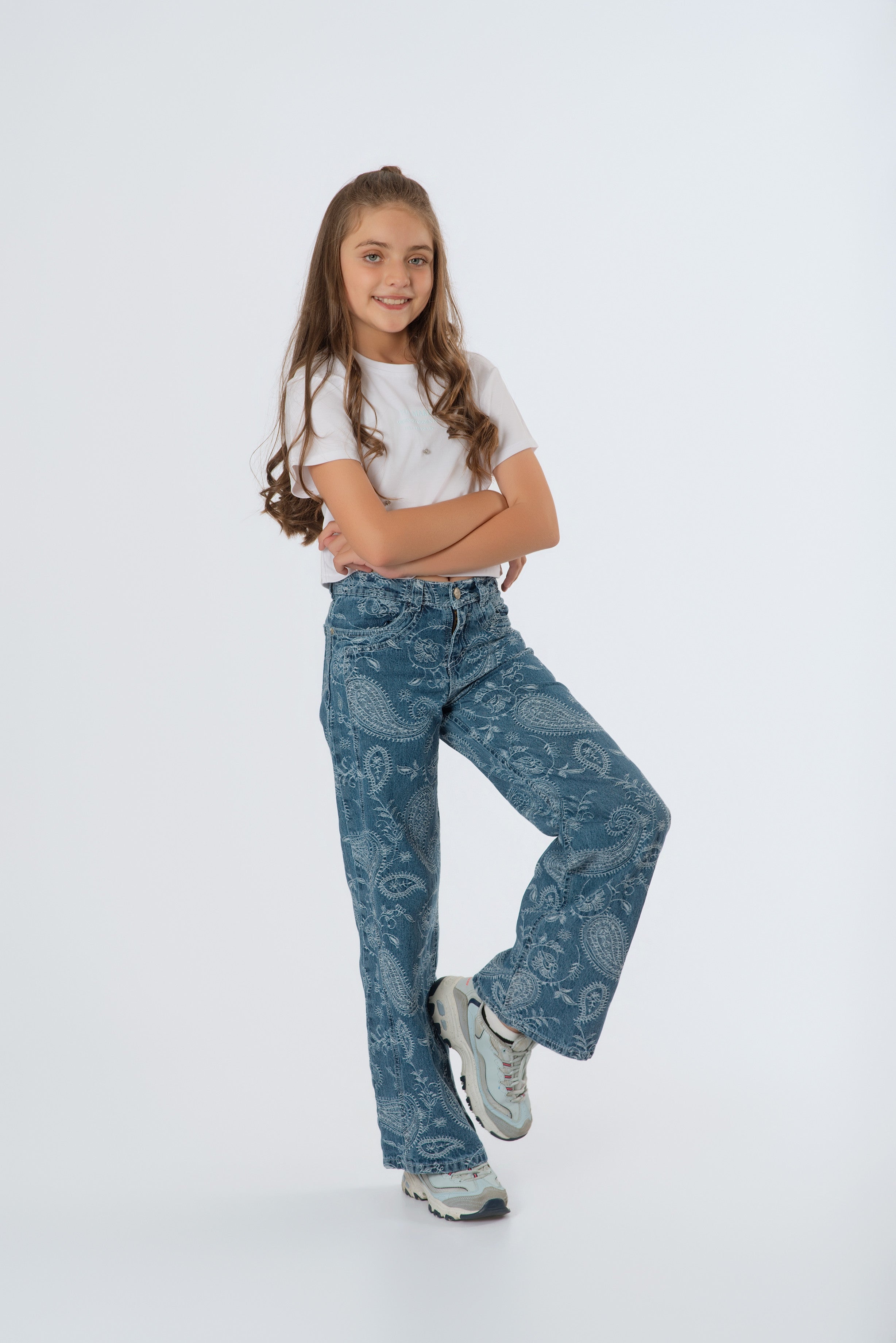 Jeans Teens Wide Leg con Bordado de Arabescos | Denim Rígido Azul