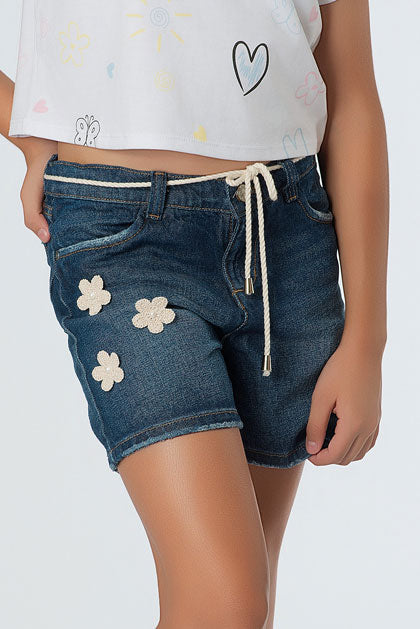 Short Teens Denim Flores 3D | Azul Clásico Aesthetic