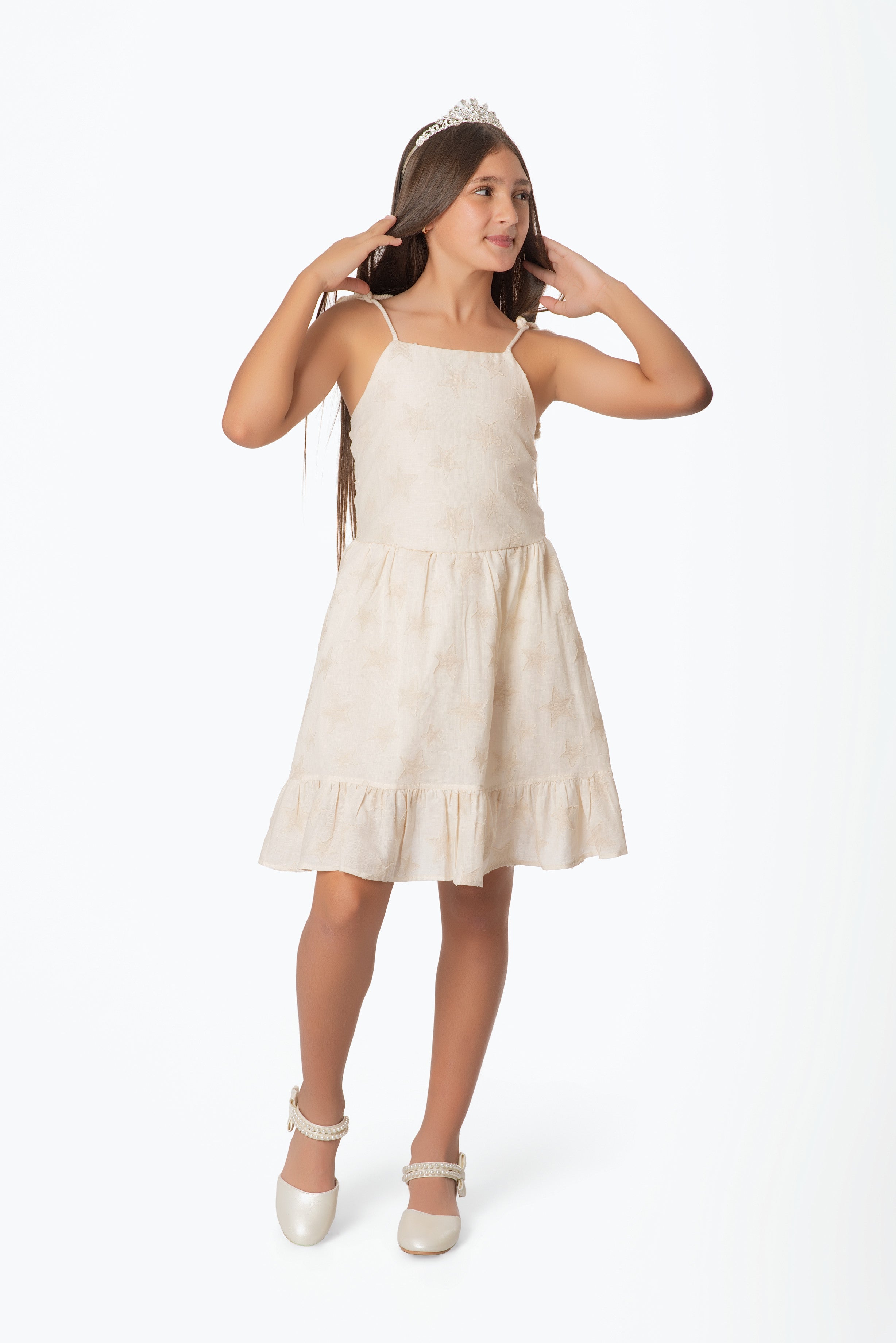 Vestido Teens de Algodón Bordado con Estrellas y Escote Cuadrado | Estilo Romántico