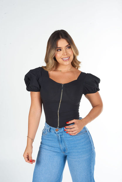 Blusa de Dama con Manga Corta Bombacha y cierre