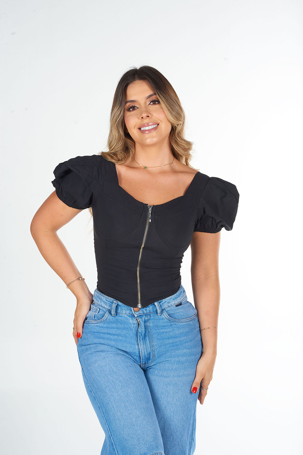 Blusa de Dama con Manga Corta Bombacha y cierre