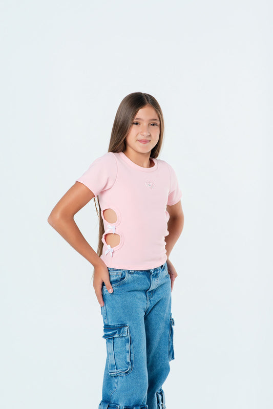 Blusa rib para niña con aberturas y moños laterales