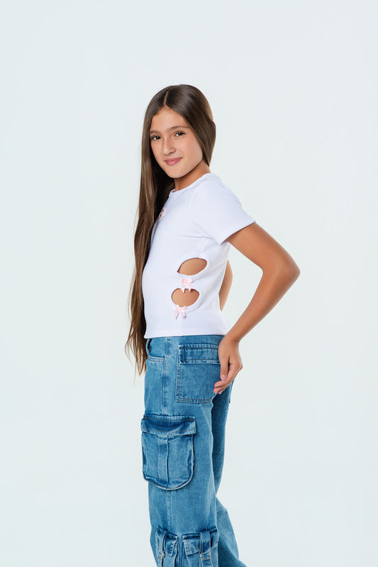 Blusa rib para niña con aberturas y moños laterales
